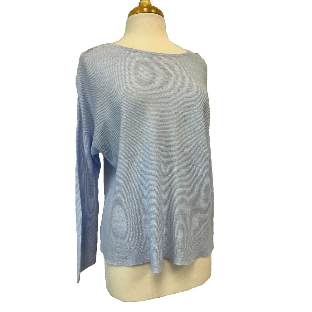 Eileen Fisher‎ Over Size Top Light Blue 3/4 Drop Shoulder Sleeve Scoop Neck SZ S